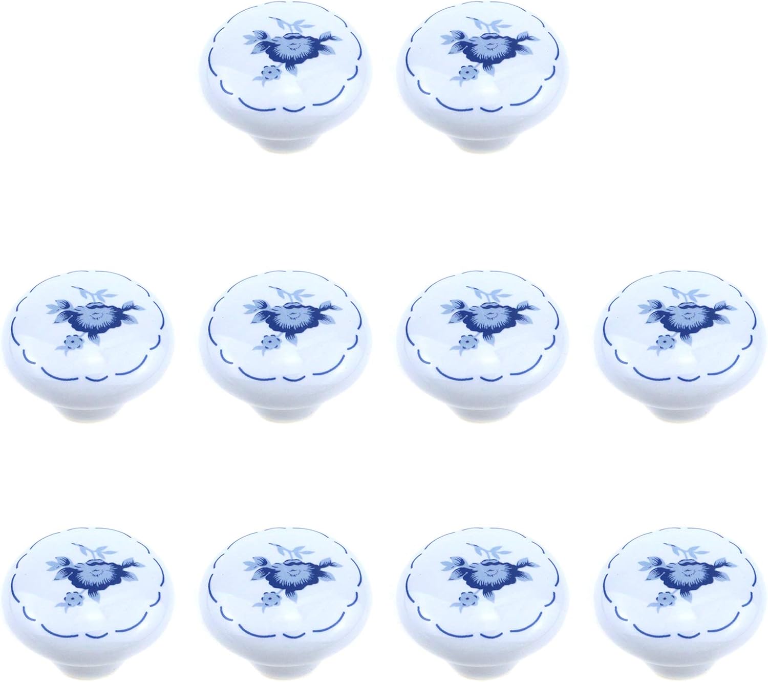 Quluxe 1-1/2 inch Ceramic Knobs Hand Painted Kitchen Cabinet Knobs Pulls Retro Drawer Handles for Dresser Cupboard Wardrobe- Blue Flower (Pack of 10)