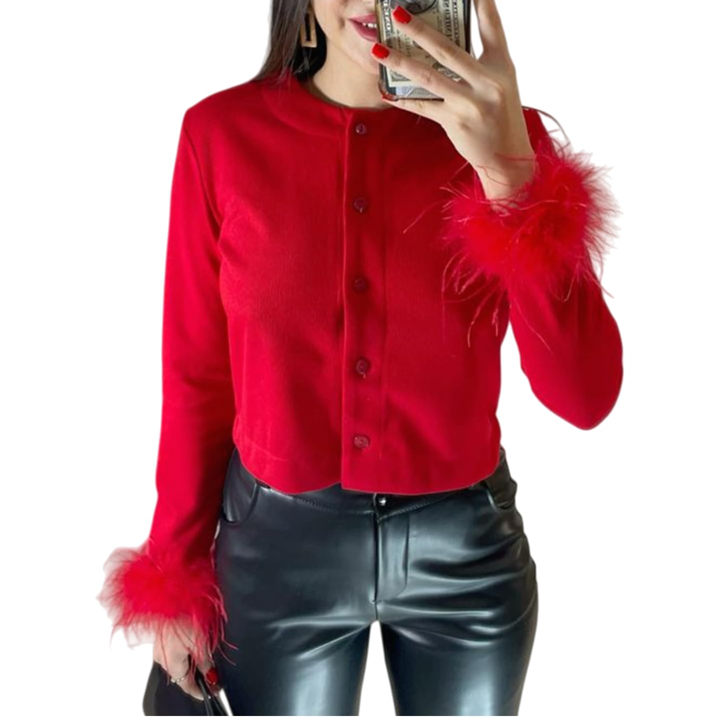 Women Button Down Crop Cardigan Sweaters Feather Trim Knitted Cardigans Y2K Crew Neck Long Sleeve Sweater Jacket