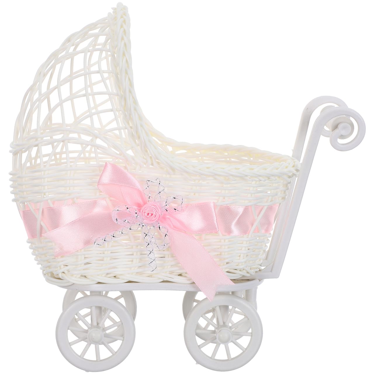 DIYEAH Mini Wicker Basket with Versatile Functionality and Lightweight Plastic Material, Charming Pink Mini Stroller Party Decor Basket for Wedding and Entertaining Events