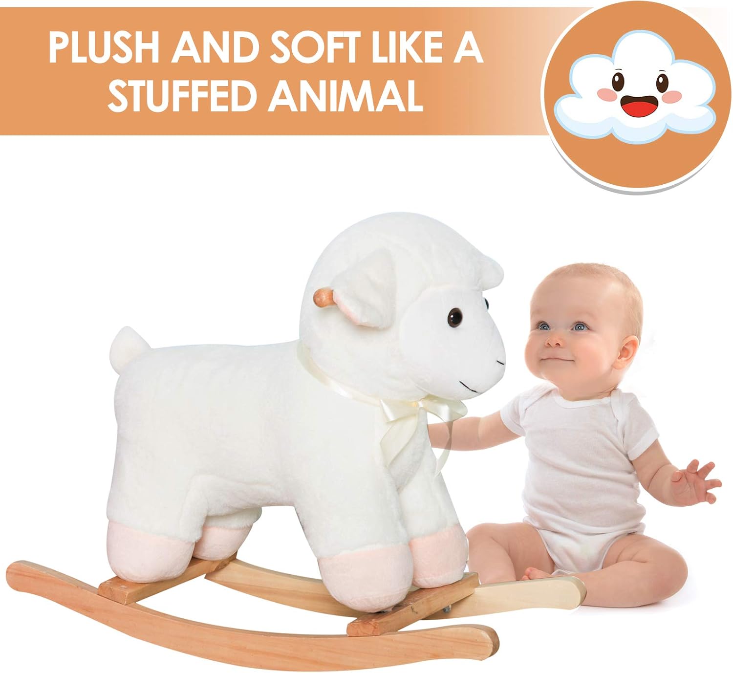 Qaba Lamb Rocking Horse Sheep, Nursery Stuffed Animal Ride On Rocker for Kids, Wooden Plush, White