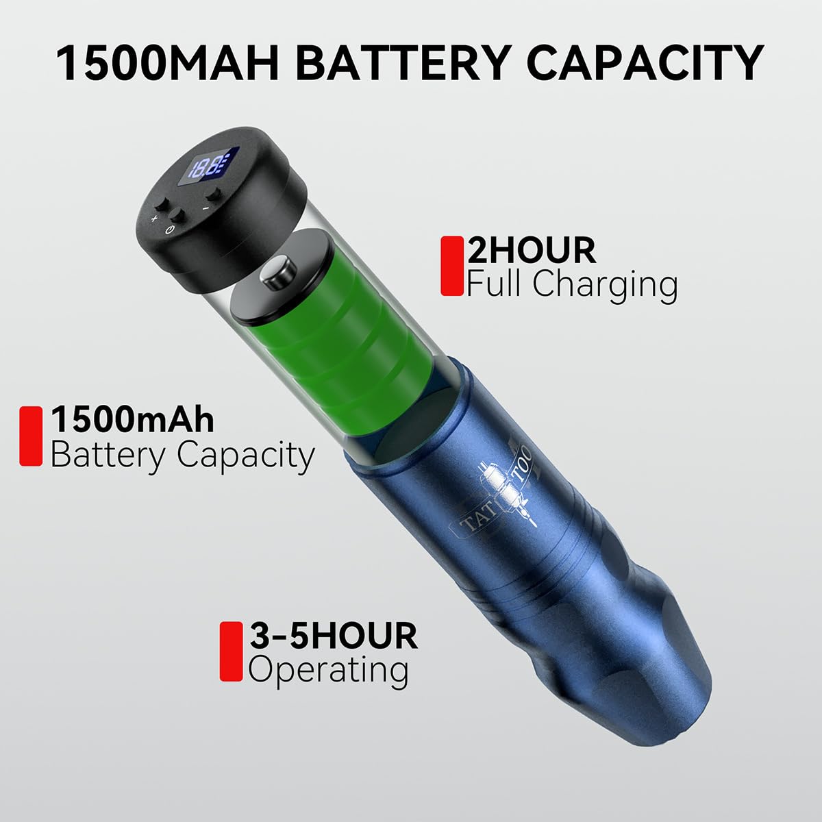 Kit penna per tatuaggi wireless - Macchina rotativa per tatuaggi da 1500 mAh con motore da 12000 giri/min, corsa da 4,0 mm, uscita regolabile da 4,8-12 V,Rosso