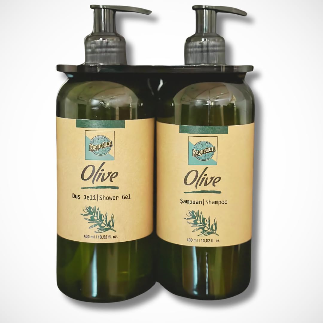 Roomsium Olive Blossom Luxury Shampoo and Body Wash Dispenser Set - 13.52 fl oz Each, Full Set with Mounting Kit | Ideal for Hotels, SPAs, Vacation