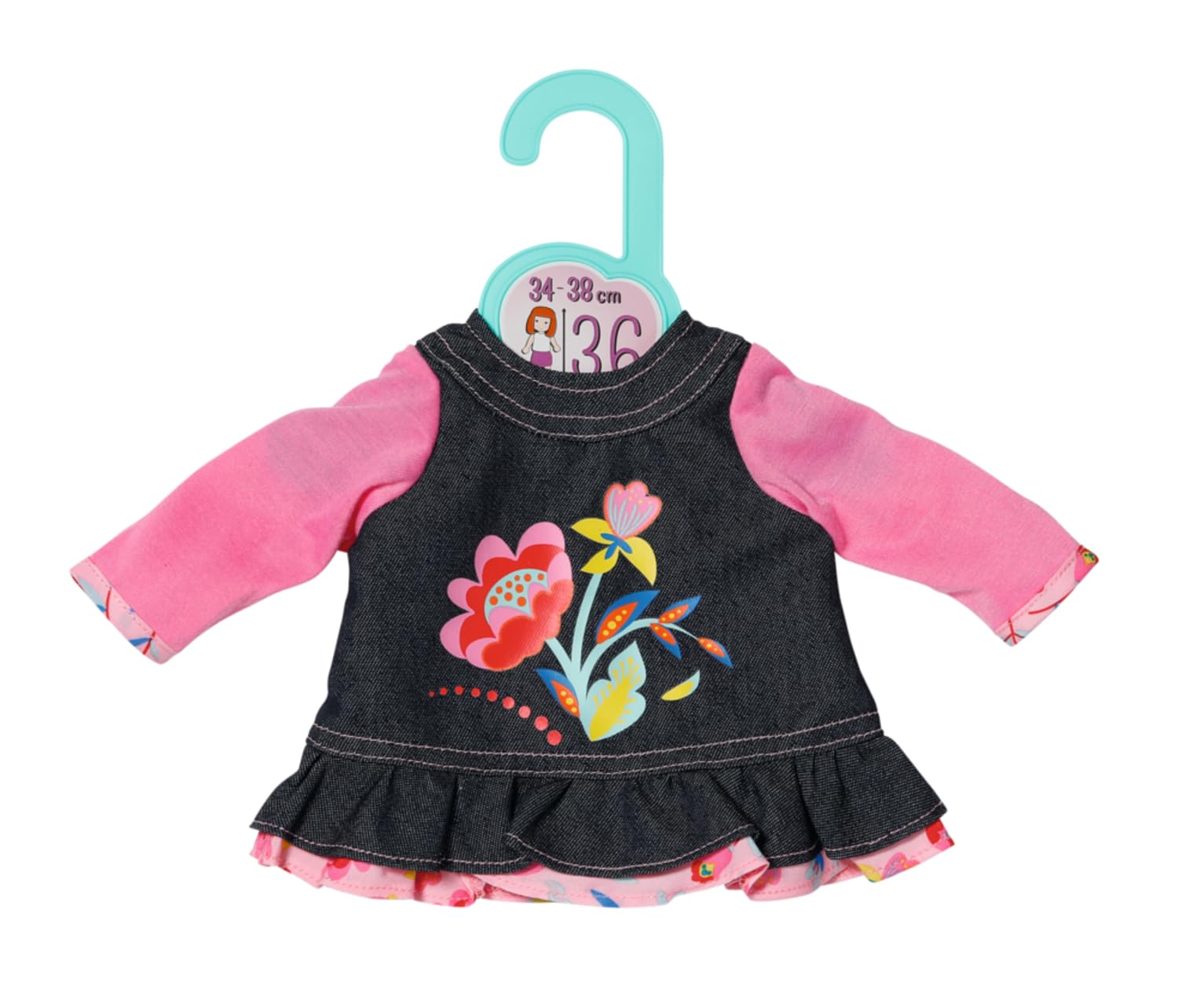 Zapf Creation, Dolly Moda Jeans Dress Flowers 36 cm Denim Dress with Pink Long Sleeve Shirt 871508