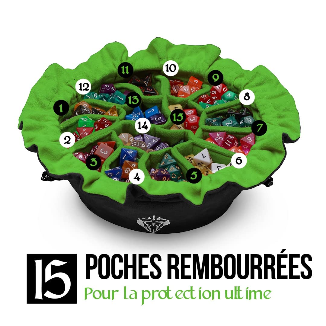 CardKingPro Immense – Édition OCD – Sacs à dés avec 15 Poches – Noir et Vert – Capacité de Plus de 200 dés – Idéal pour Les accumulateurs de dés [Design breveté]
