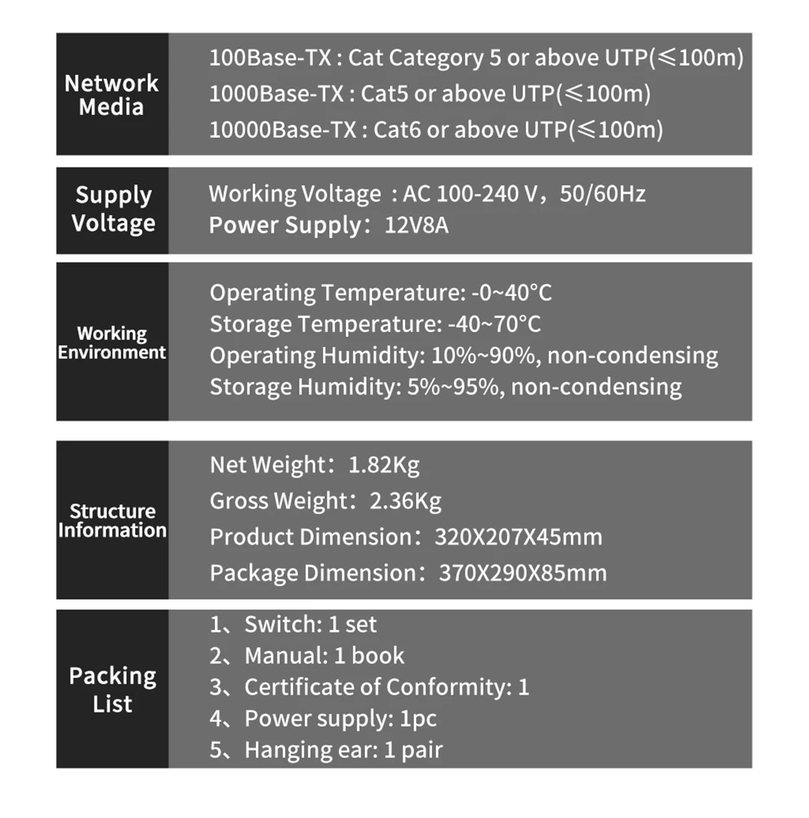 Switch Ethernet gestito 10Gb a 8 Porte Switch di Rete 10G(E/.U Adapter)