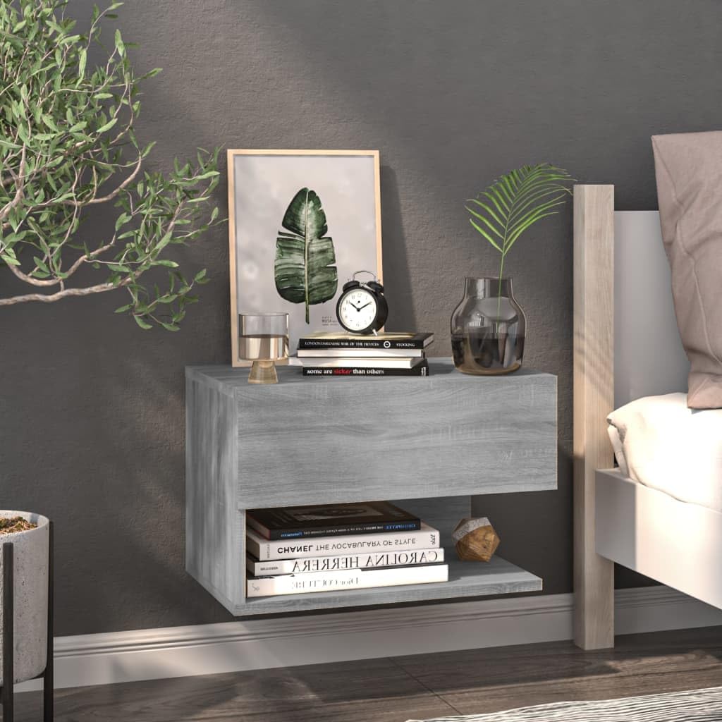 Mesa de noche de pared flotante gris de madera de ingeniería, armario de almacenamiento colgante para libros y baratijas, diseño de pared, ahorro de espacio para dormitorio