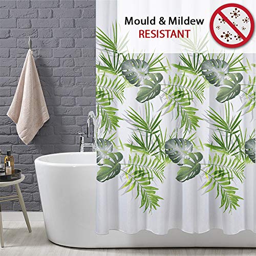 ANSIO Shower Curtain Mould and Mildew Resistant 180 x 180 cm (71 x 71 Inch) | Water Repellant Fabric | 100% Polyester - Leaf Pattern - Palm Green