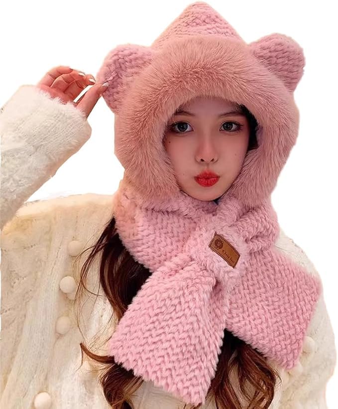 Winter Fleece Bear Hat & Neck Warmer Set for Women, 2-in-1 Windproof Beanie with Ear Covers, Thick Thermal Scarf, Soft Cycling Cap, (Free Size, Pink)