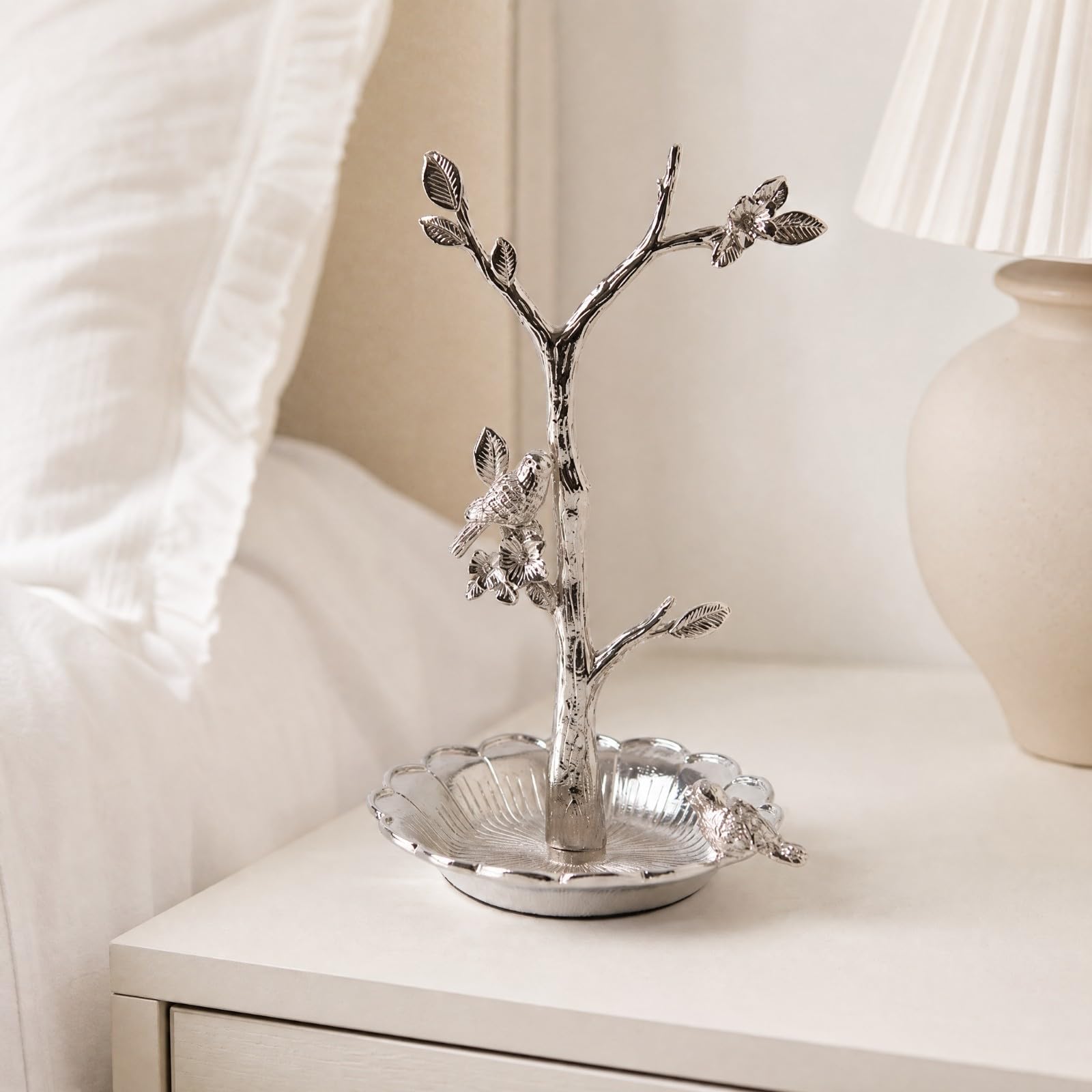 KESOTO Bandeja Organizadora Joyas Metal Decorativo Bandeja con Diseño Pájaro y Ramas Floral Soporte Joyería en Forma para Cómoda