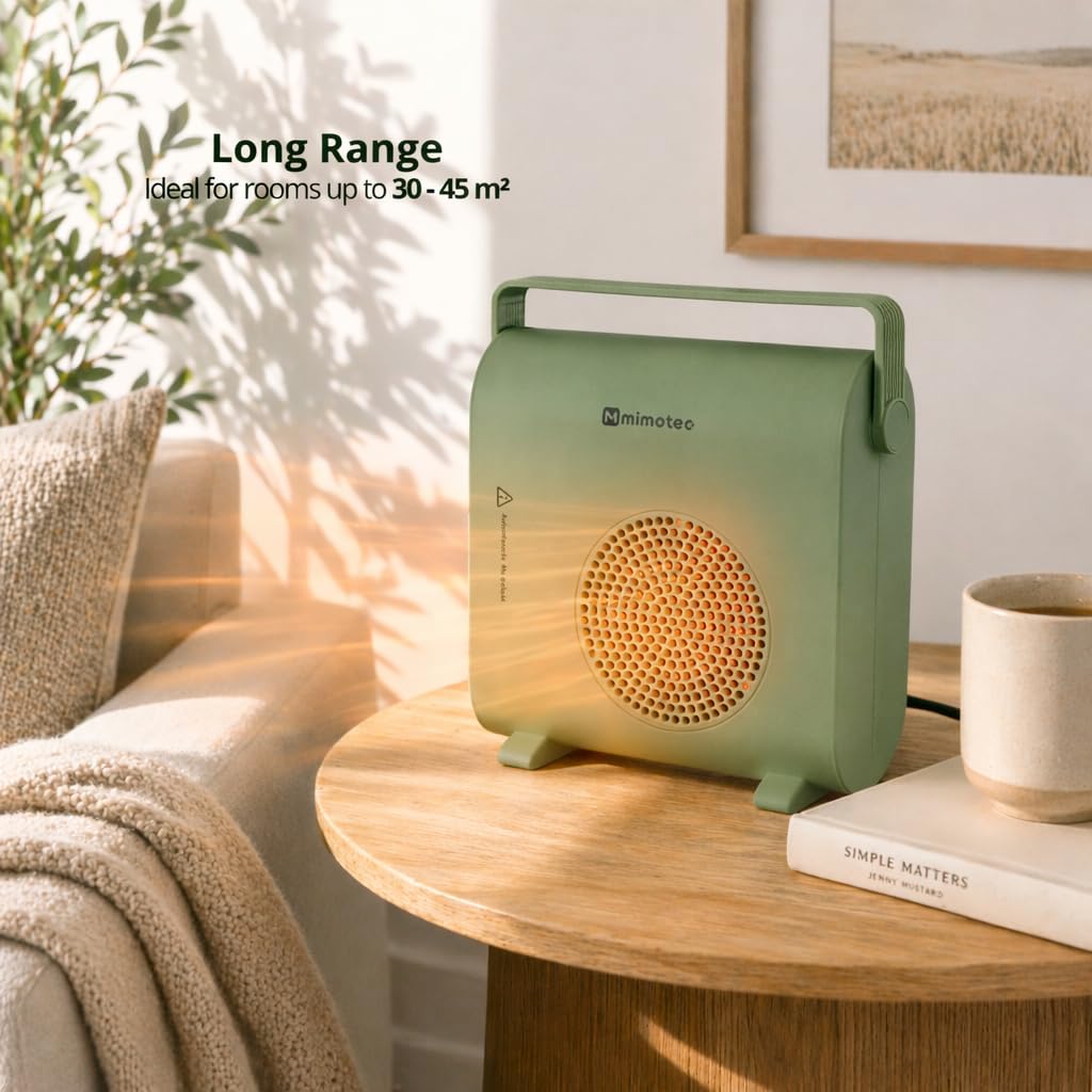 M Mimotec Grzejnik ceramiczny Green Hearth 2000 W, 3 tryby (wentylator/niski/wysoki), regulowany termostat, cichy <60 dB, z pilotem, timerem i zabezpieczeniem przed przewróceniem