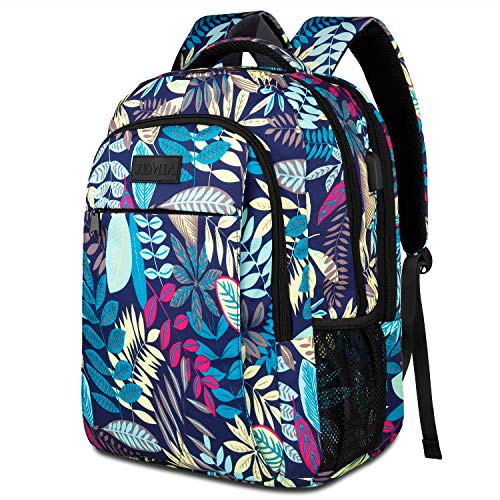 Black Friday Clearance JEMIA Multipurpose Collection 15.6 Laptop Holder, USB Port, Anti-Theft Pocket Backpack (Blue Leaves, Polyester)