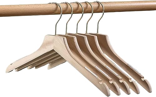 Paquete de 10 perchas de madera fuertes para colgar en los hombros, para armario, de madera, hechas de madera natural y barra antideslizante para