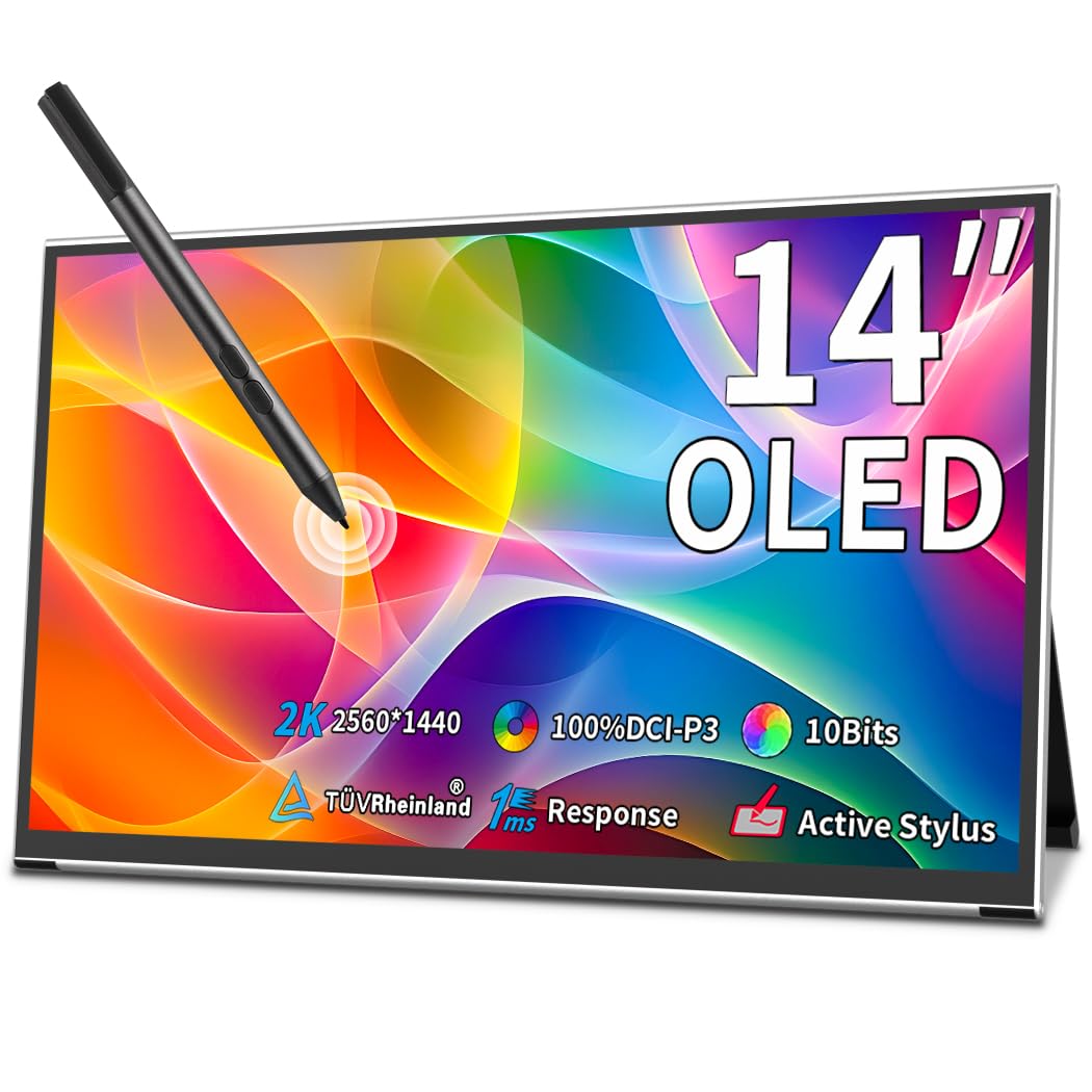 Magedok OLED Portable Screen, 14 Inch 2K Portable Monitor, 2560 x 1440, 100% DCI – P3, 10 Bits, AES Stylus Pen Support, VESA, Stand, 1MS Display HDMI USB Type C Screen for Laptop/PC/Mac/Games Console