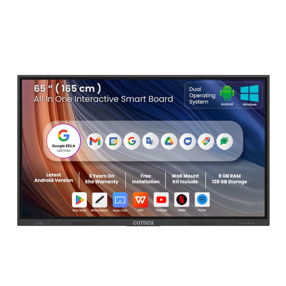 Cornea 65 Inch All in One Interactive Smart Board 3840X2160 Pixel 4K UHD Display and Dual Operating System Latest Android and Windows Version with K-12 Content WritePro for Office, School Cornea 65 Inch All in One Interactive Smart Board 3840X2160 Pixel 4K UHD Display and Dual Operating System Latest Android and Windows Version with K-12 Content WritePro for Office, School