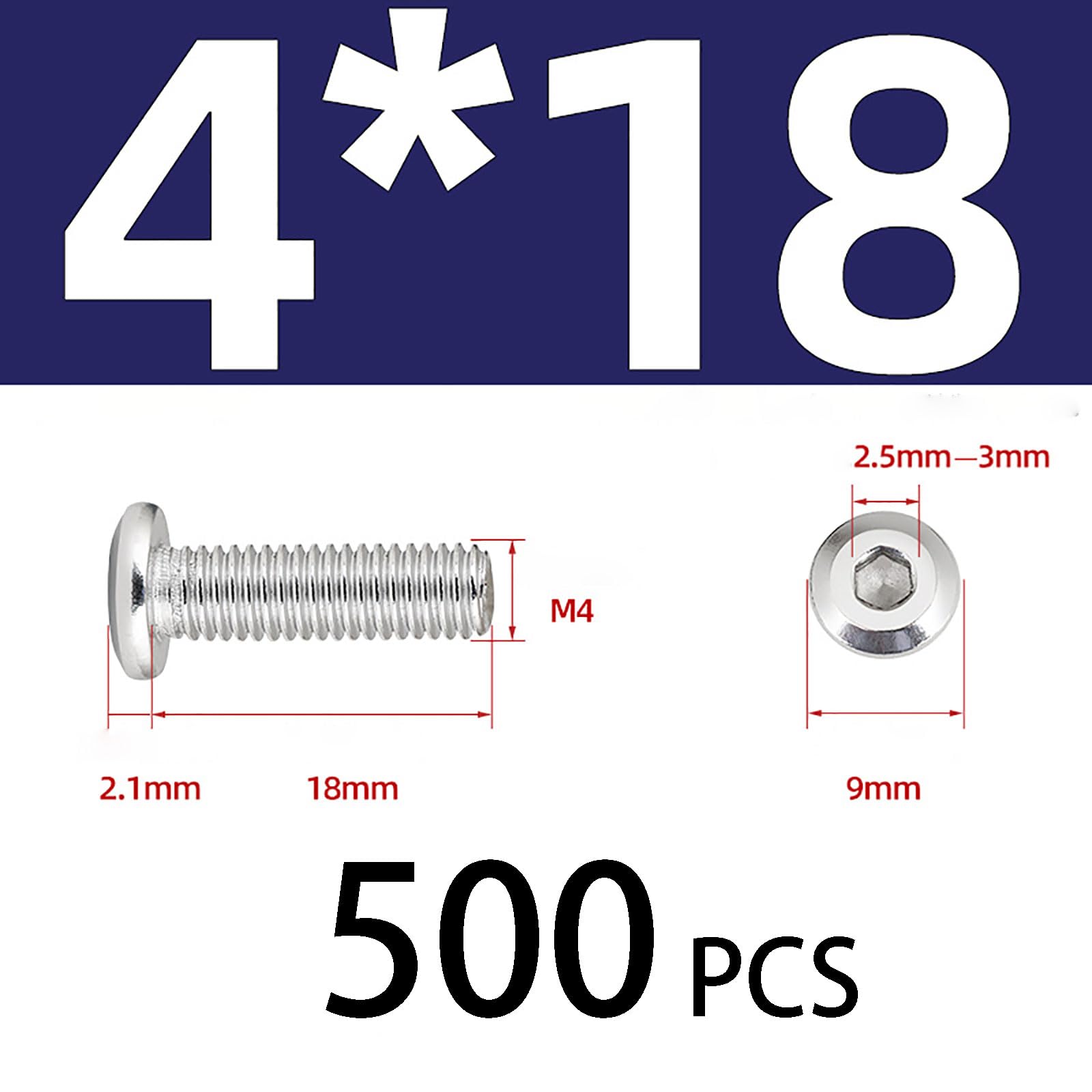 Tornillos para metales, tornillos de cabeza plana, 500 tornillos de cabeza plana avellanada con hexágono interior métrico M4, acero inoxidable 304, varios tamaños, paquete de 500(M4*18 500)