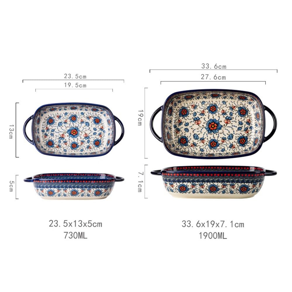 Plat à cocotte Lot de 2 moules à pâtisserie rectangulaires vintage motif floral en céramique double poignée Plaques de four
