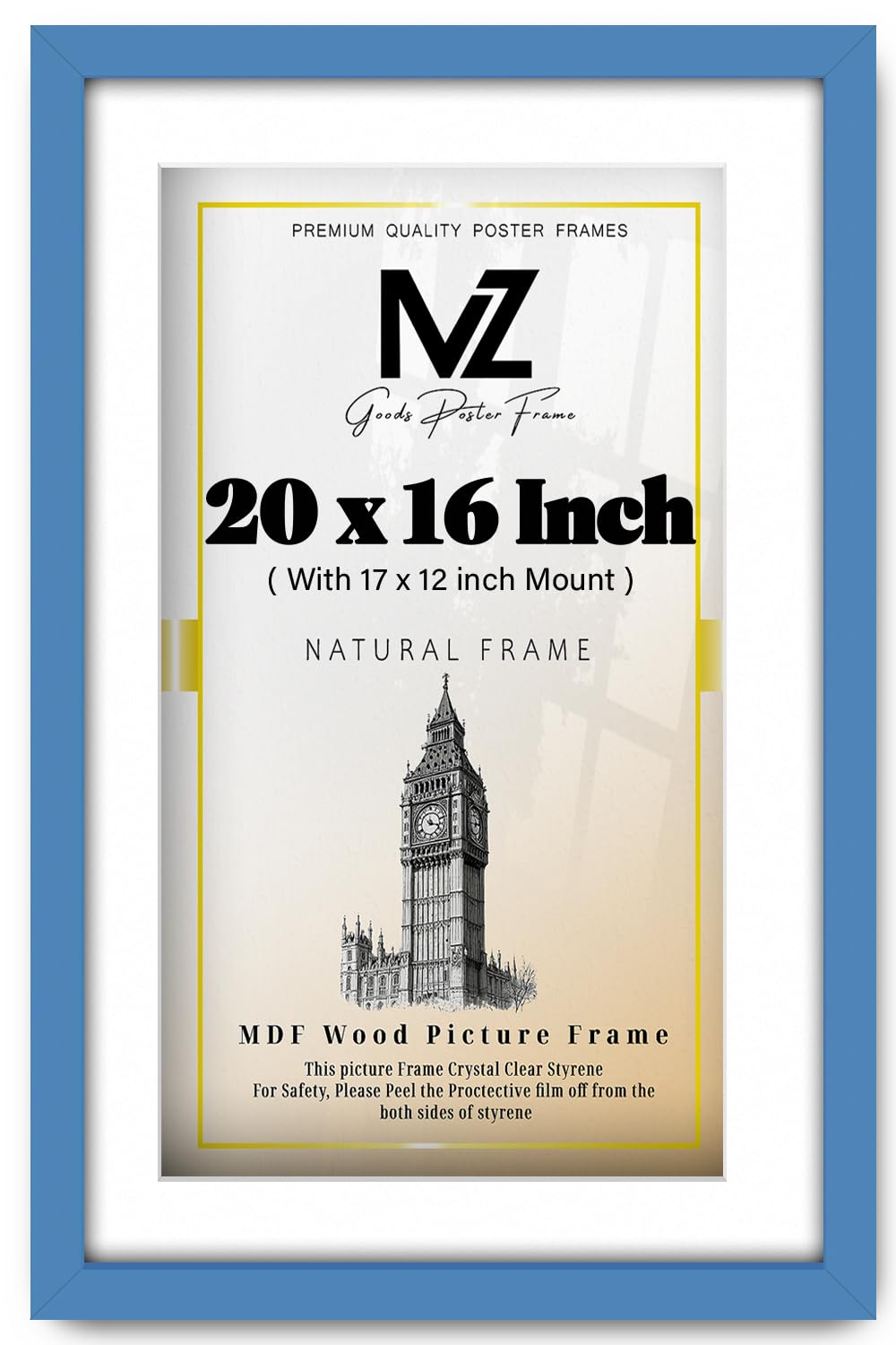MZ GOODS | MDF Luxury Gallery Frame (50.8 x 40.64 cm) With 431.8 x 304.8 mm White Mount Engineered Wood | 16" x 20" Artwork, Poster, Certificate Frame [ Blue ]