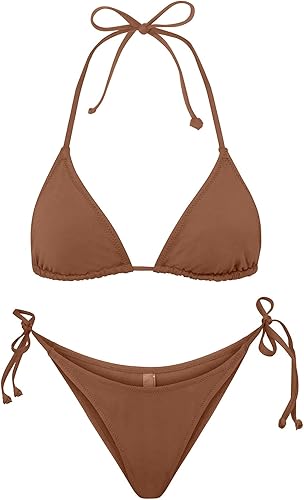 Miniatura 10 de Bikini metálico para mujer - Traje de baño retro brillante plateado dorado traje de baño triángulo, parte inferior de tanga con lazo lateral