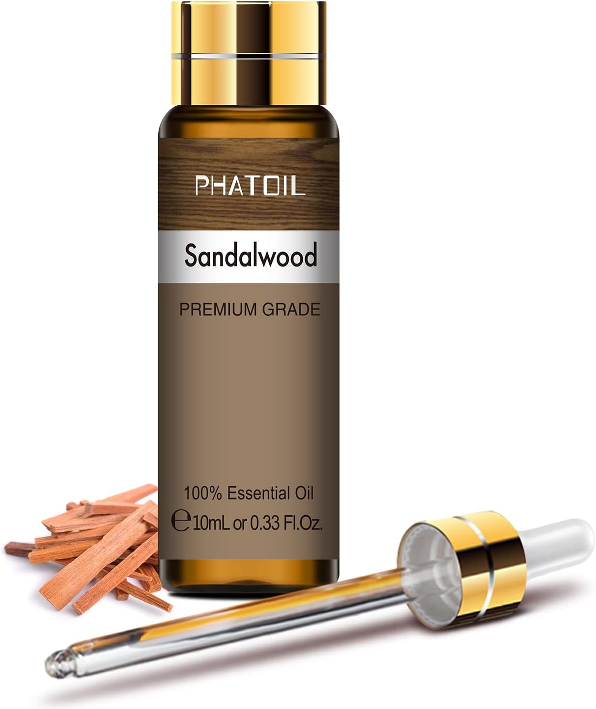PHATOIL Aceite Esencial de Sándalo 10 ml, Aceites Esenciales 100% Naturales Puros para Humidificador Difusor, Aceite Esenciale de Aromaterapia de Grado Terapéutico para Jabón, SPA, Masaje