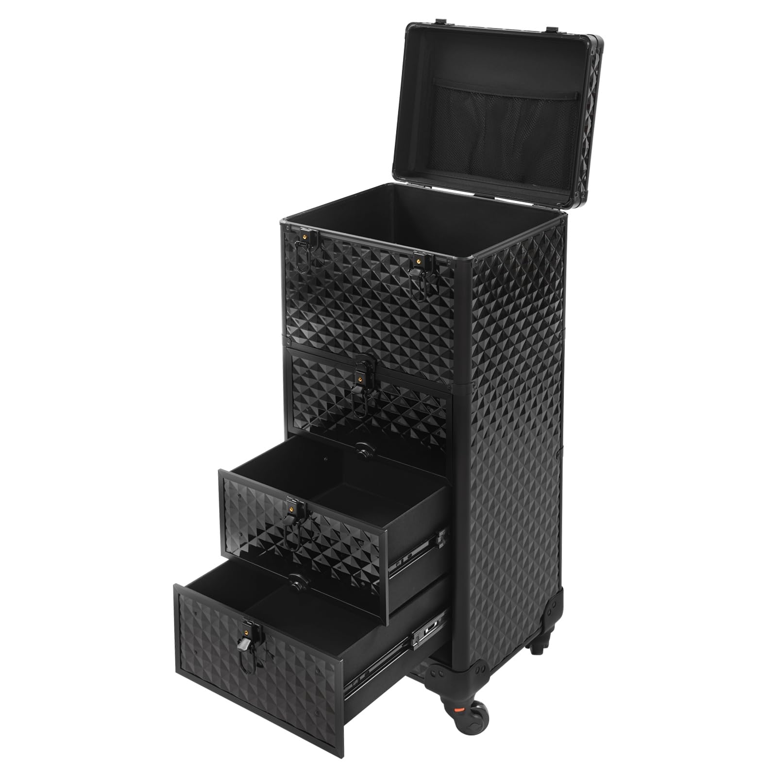 Kosmetikkoffer mit Rollen, Schminkkoffer Trolley, Beauty Case mit 3 Schubladen und 4 Schlüssel, Groß Kosmetikkoffer, Ngaelkoffer, Make up Koffer für Nageltechniker, Kosmetikerinnen und Stickerinnen