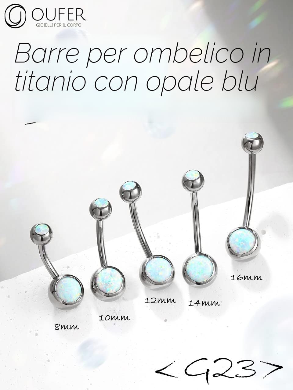 OUFER 14G Piercing per Ombelico Anello Titanio Palline Balls Pantaloncini Extra Lungo Short Long Bananabells Navel Pircing Anelli Doppio Bianco Opal 1,6 mm, Barbell Belly Button Jewellery 8 10 12 16mm