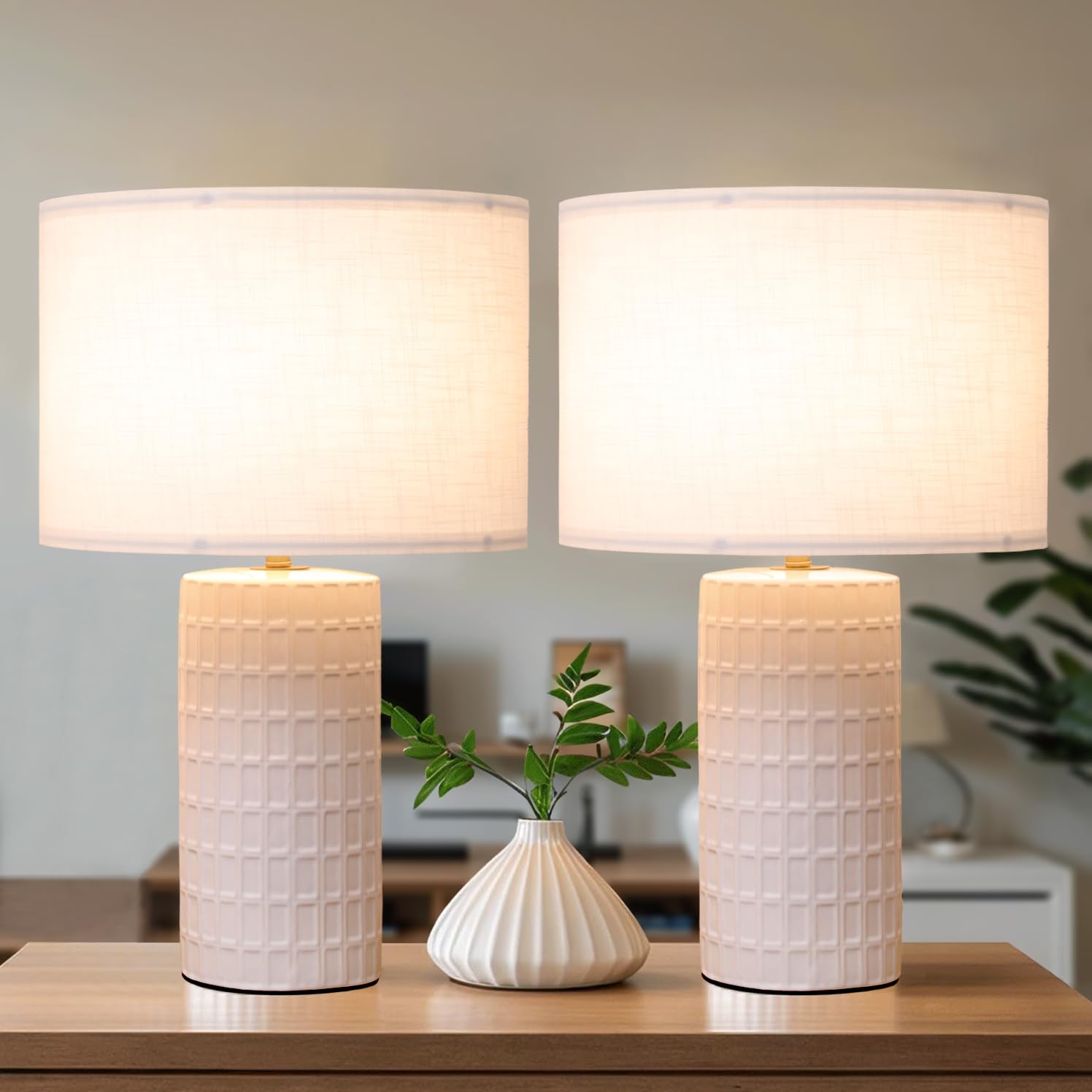 LOCLGPM 23" White Ceramic Table Lamp Set of 2, Modern Ceramic Desk Lamp for Living Room, Farmhouse Bedside Lamp for Bedroom Decor, Beige Nightstand End Table Lamp