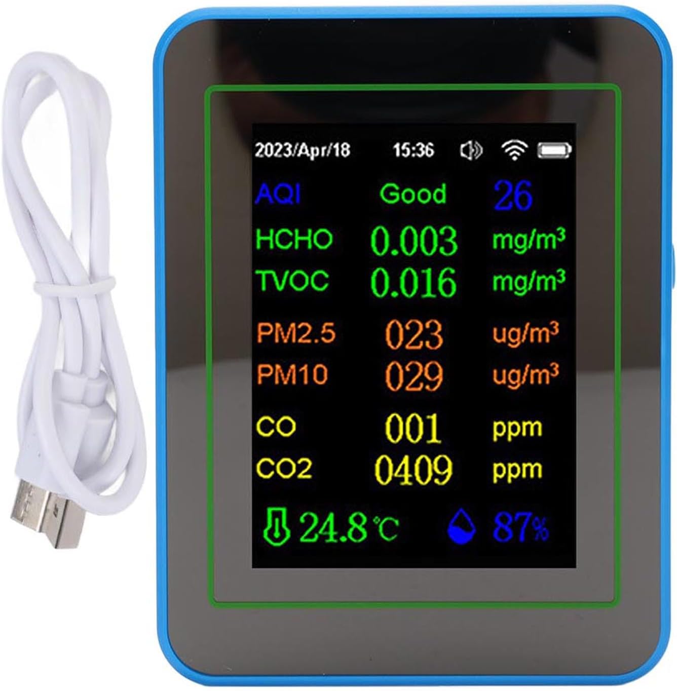 WALFRONT 12 in 1 Air Quality Meter WiFi CO2 TVOC PM2.5 PM10 HCHO Temp Humid Smart Indoor Air Quality Monitor with Large Screen for Tuya APP Real Time Data History Curve Timer Alarm (White and Blue)