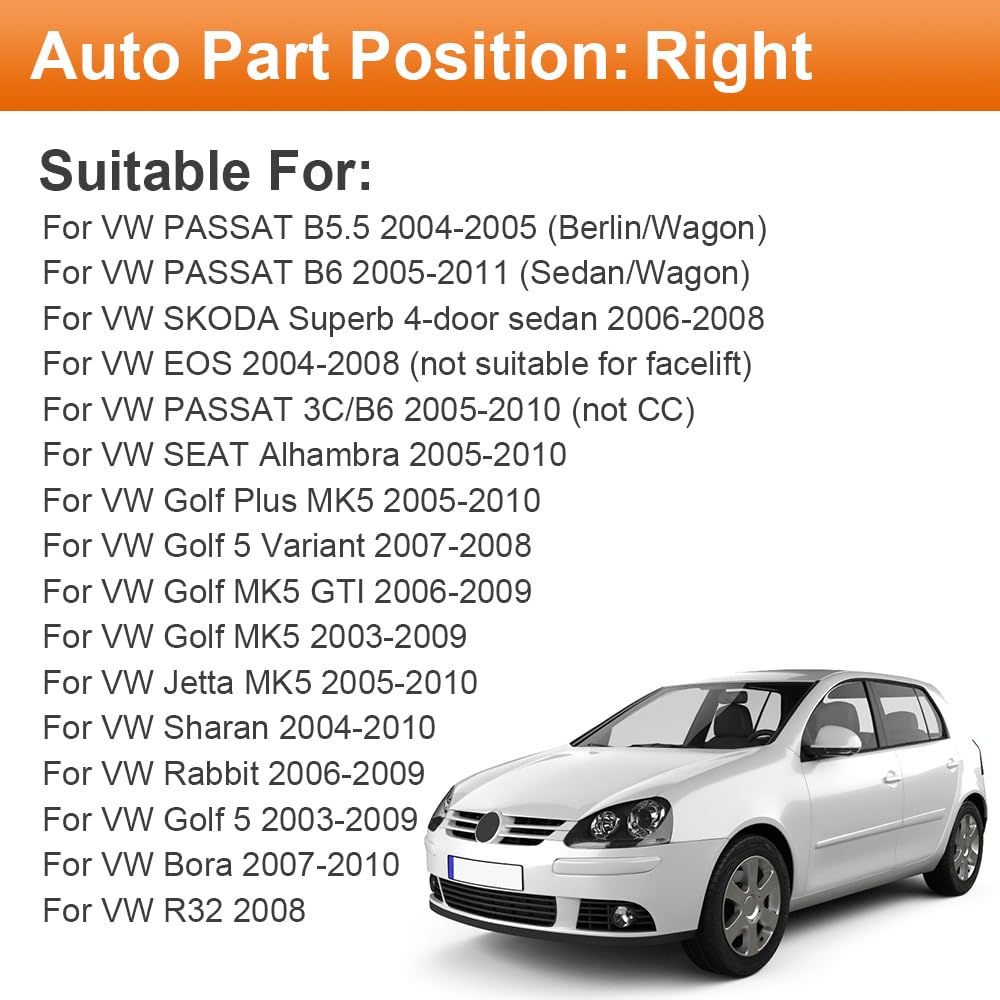 SENZEAL Szkło Lusterka Prawego Strona Pasażera Podgrzewane z Płytą Nośną do VW Golf 5 MK5 2003-2009 Passat B6 2005-2011 Jetta 5 MK5 2005-2010 (Prawa strona)