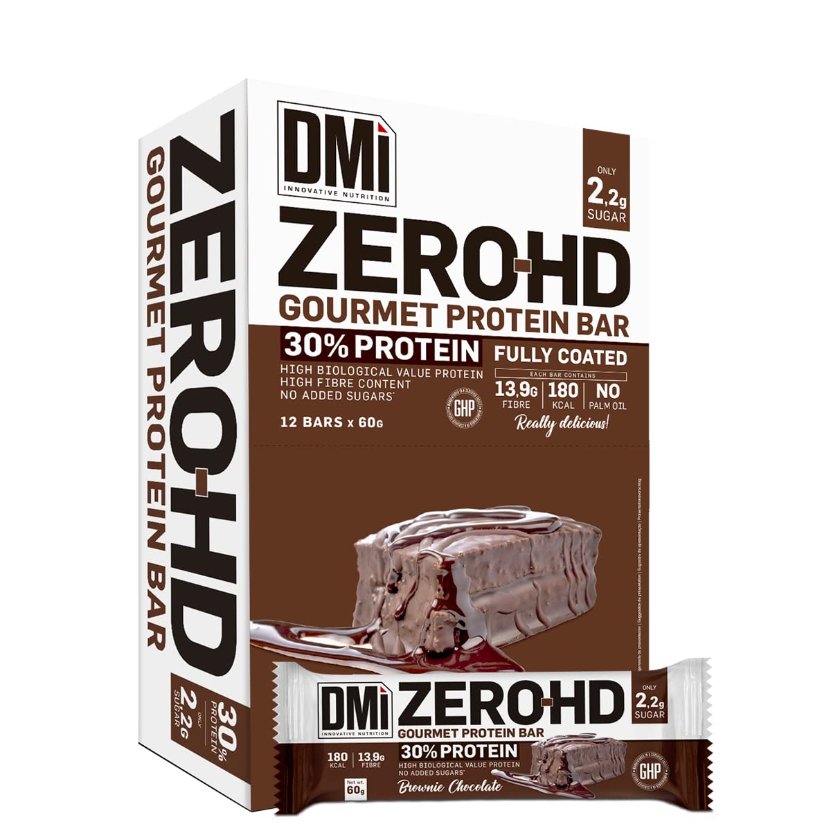 DMI Barritas de Proteína ZERO-HD GOURMET PROTEIN BAR 12 x 60g - Snack Alto en Fibra y Bajo en Grasas - Barra Saludable Sin Azúcar sin Aceite de Palma (Chocolate Brownie)