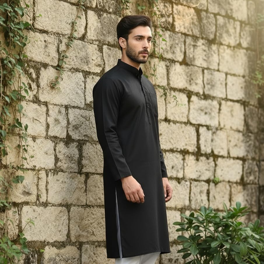 Image of Men's Cotton Blend Blend Knee Length Solid Color Style Stright Long Mandrin Collor Ethnic Casual Wear Kurta Only