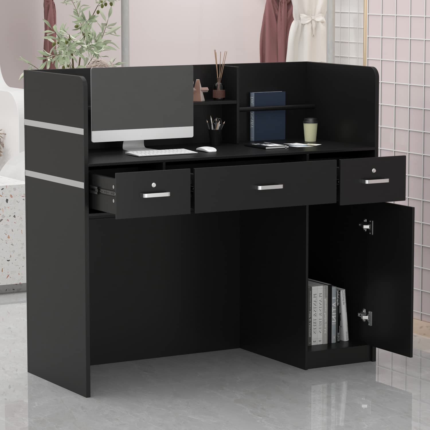 Comptoir de Réception Secrétaire et Magasin - Meuble de Bureau 3 Tiroirs 1 Armoire 110x120x48 cm Noir