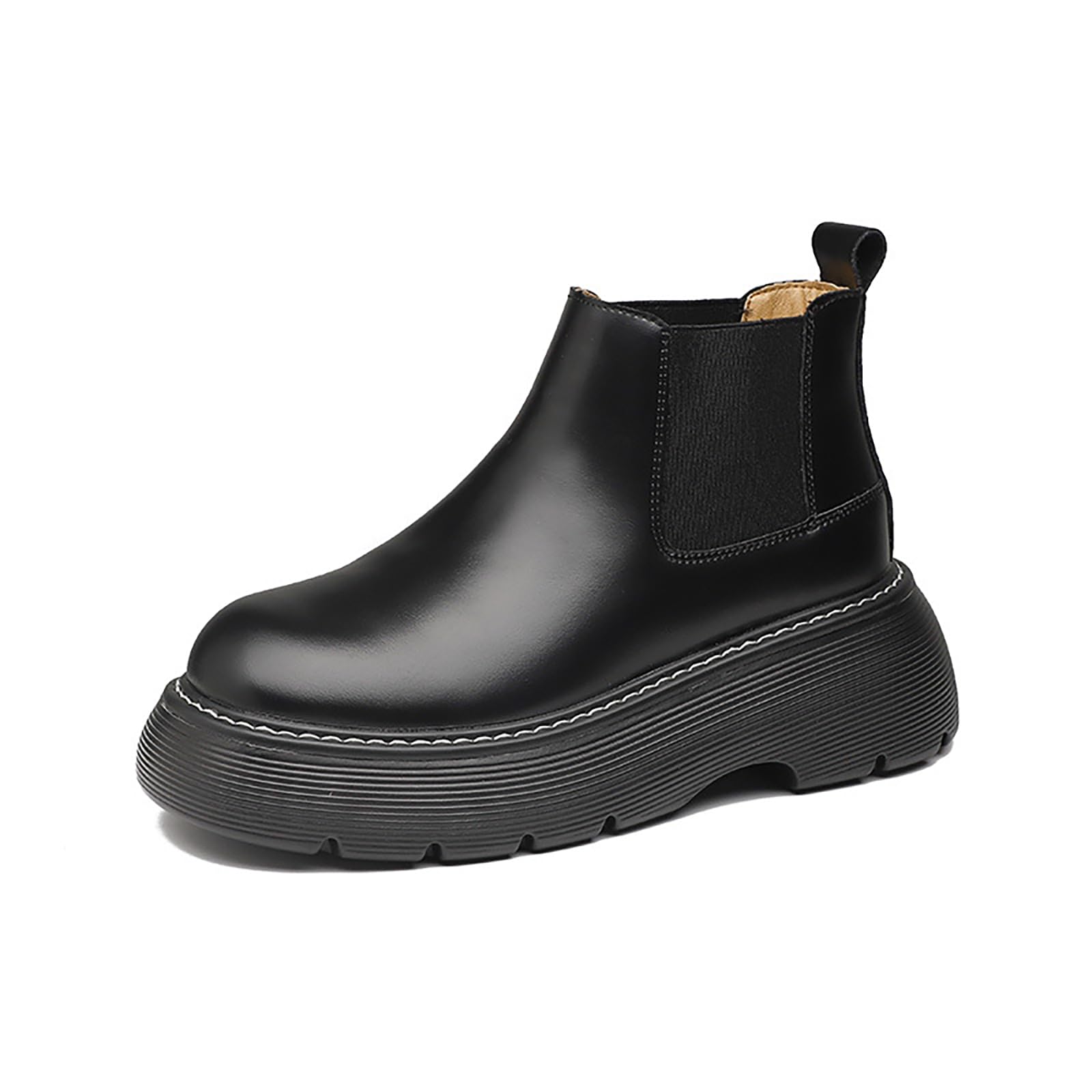 Womens Leather Platform Ankle Boots Comfort Round Toe Elastic Slip On Non Slip Booties for Fashion Work Daily