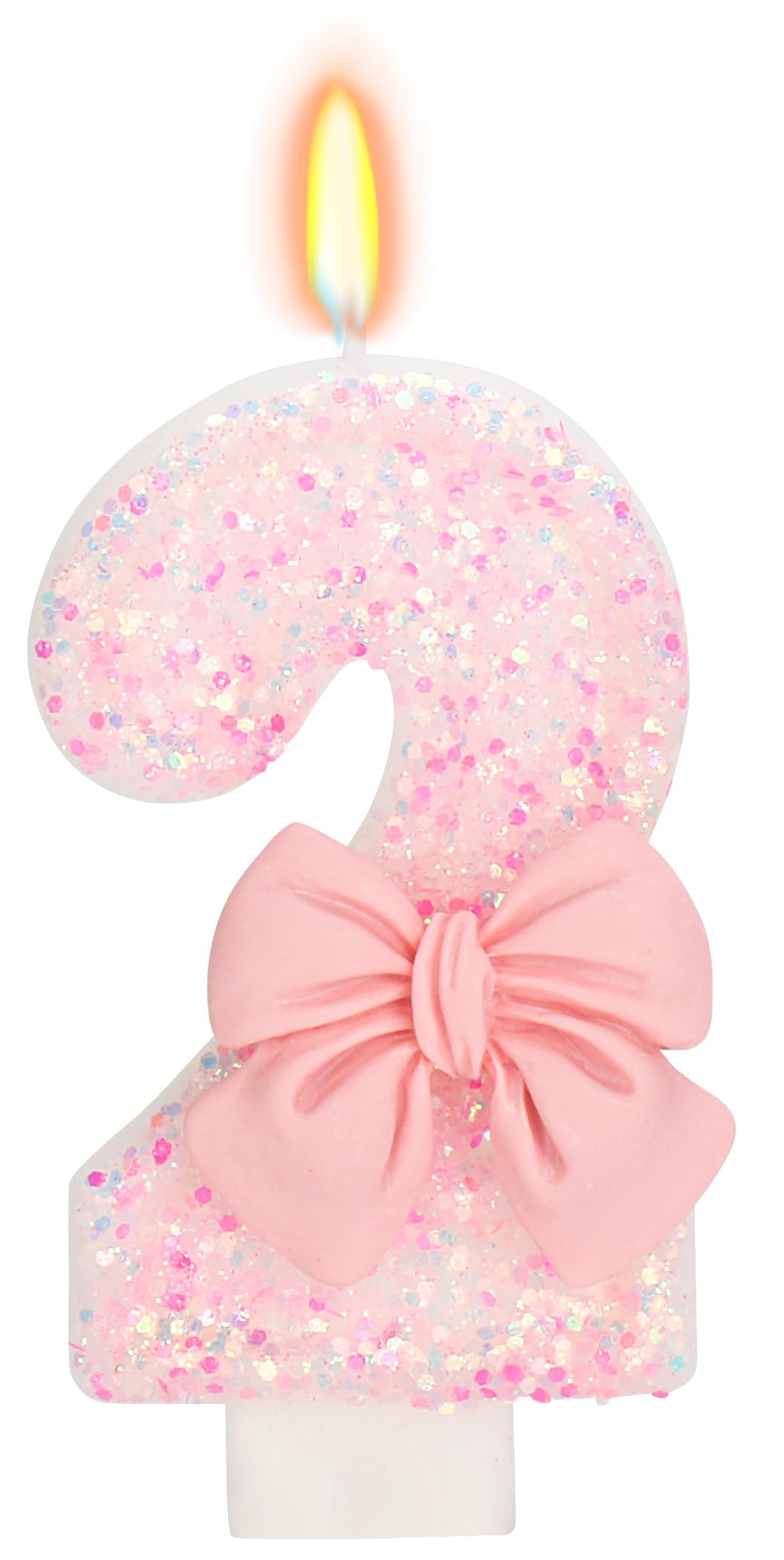Vela de cumpleaños para tarta, 2 velas, purpurina rosa con lazo, vela de feliz cumpleaños de 2.75 pulgadas, decoración de pastel para fiesta de cumpleaños de 2 años (número 2)