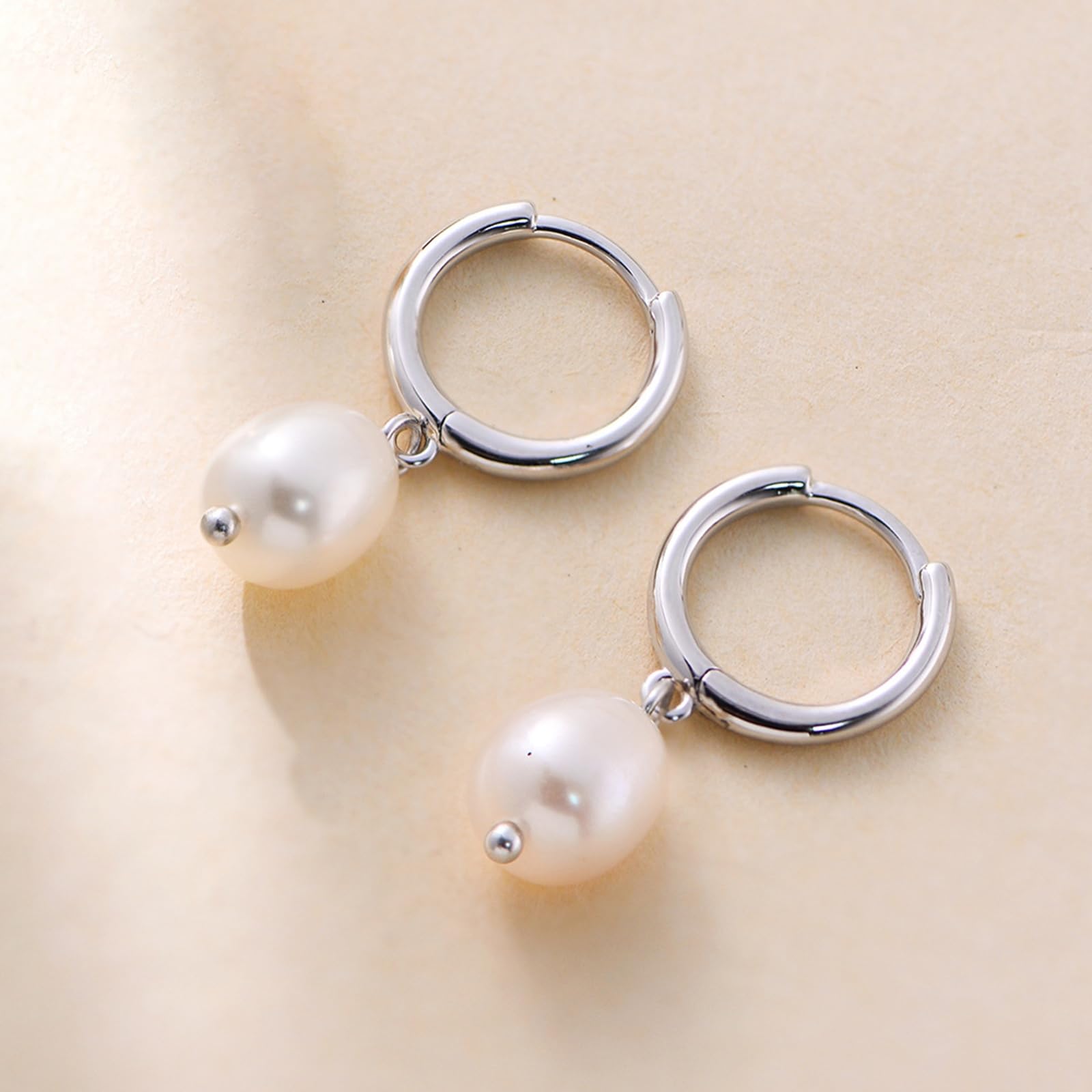Pendientes de aro de oro de 9/14/18 quilates para mujer, 6 x 8 mm, perla de oro real