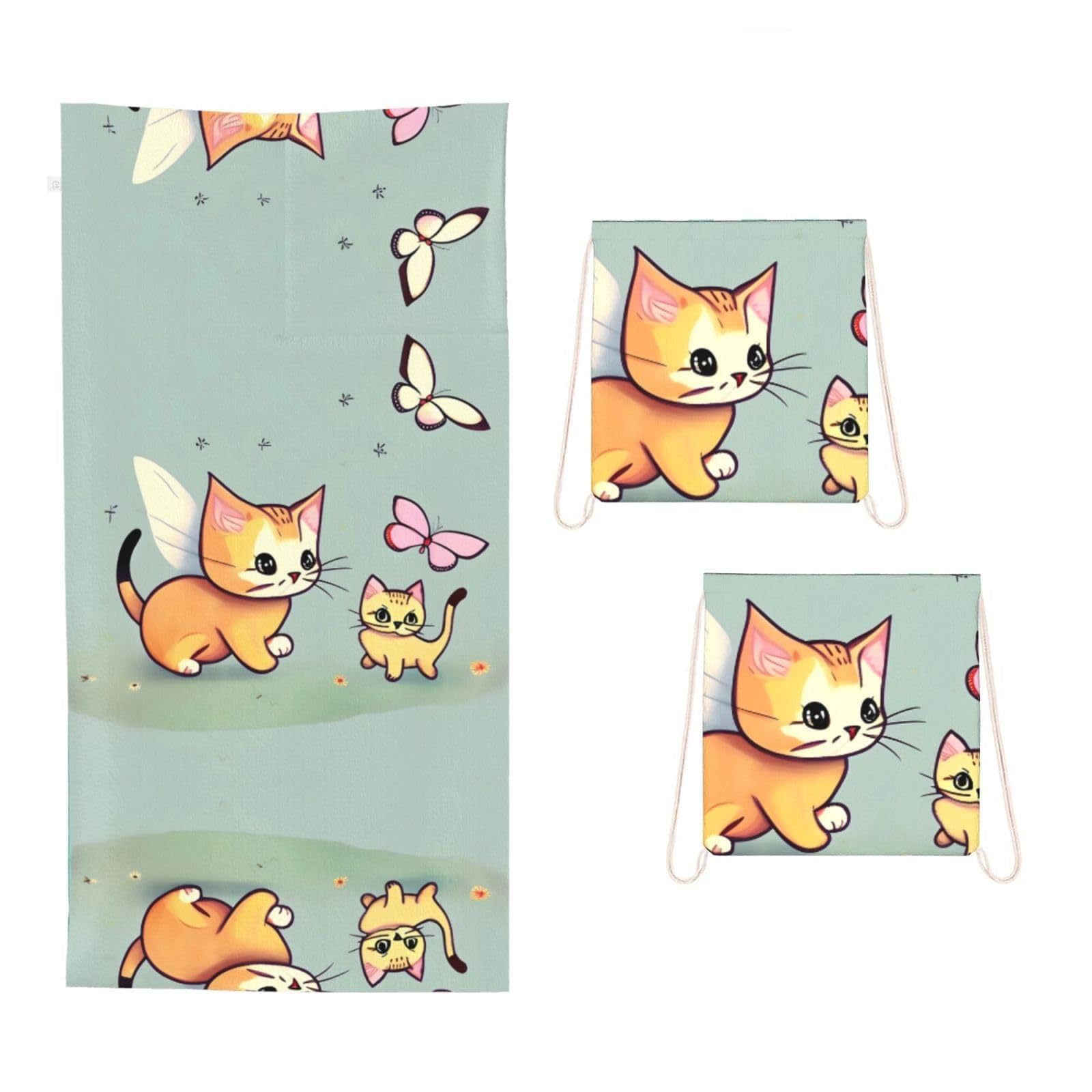 CNTDBU Kitten Butterfly 2 in 1 Packable Towel Bag-Large Beach Towel with Stuff Sack, Super Absorbent Microfiber Travel Towel for Pool