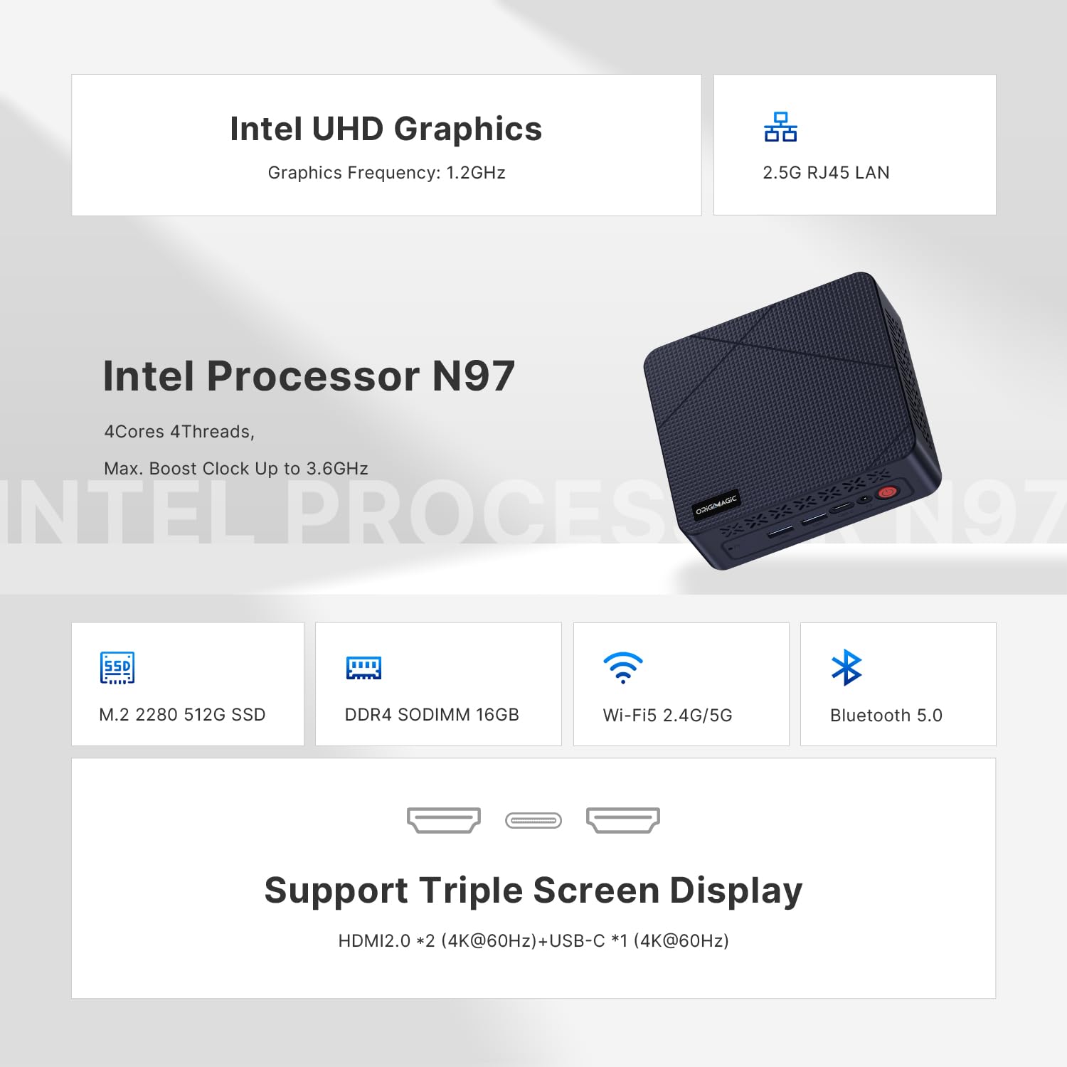 origimagic Mini PC C1, N97 Processore (fino a 3,6 GHz) 16 GB DDR4/512 GB SSD, mini desktop pc per Pre-W11 pro/WiFi 5/ BT5.1/RJ45/HDMI 2.0/4K UHD triplo schermo, PC per aziende, istruzione