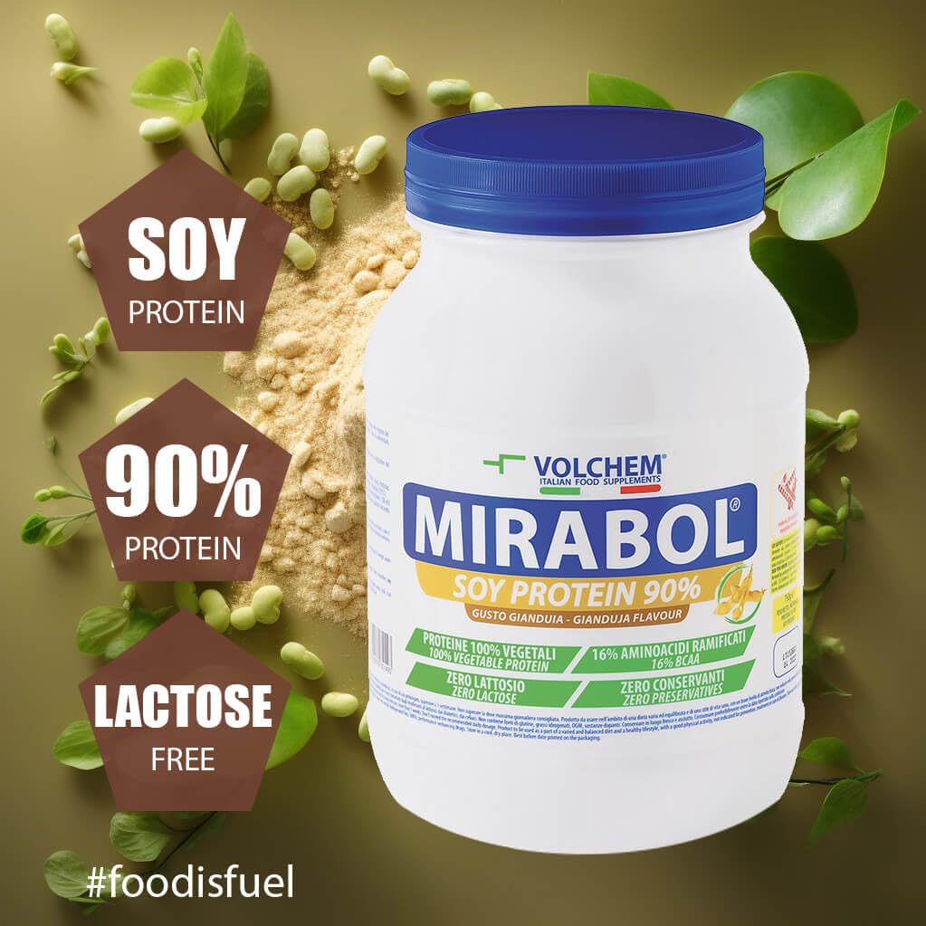 Volchem Mirabol Soy Protein 90, Integratore Alimentare con Proteine di Soia Isolate, 16% Aminoacidi Ramificati, Senza Lattosio e Conservanti, Busta con Polvere Solubile, Gusto Gianduia, 750 g