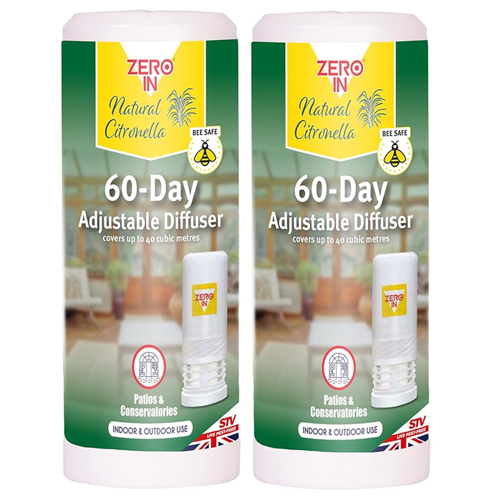 Pack of 2 Zero In Natural Citronella 60 Day Adjustable Diffuser Indoor and Outdoor Insect Repellent Long Lasting Fresh Fragrance Bee Safe Formula Ideal for Home Garden Patios Conservatories and Travel