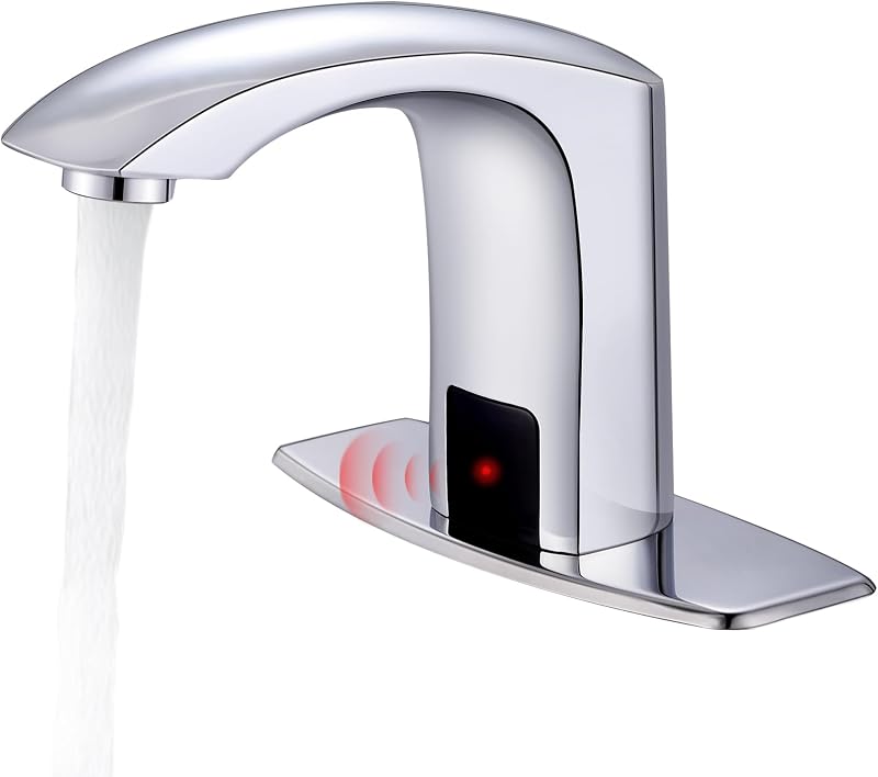 Grifo de lavabo de baño sin contacto comercial mezclador de lavabo automático | Latón cromado, agua fría y caliente, sensor de movimiento activado, con placa de cubierta y válvula mezcladora de agua