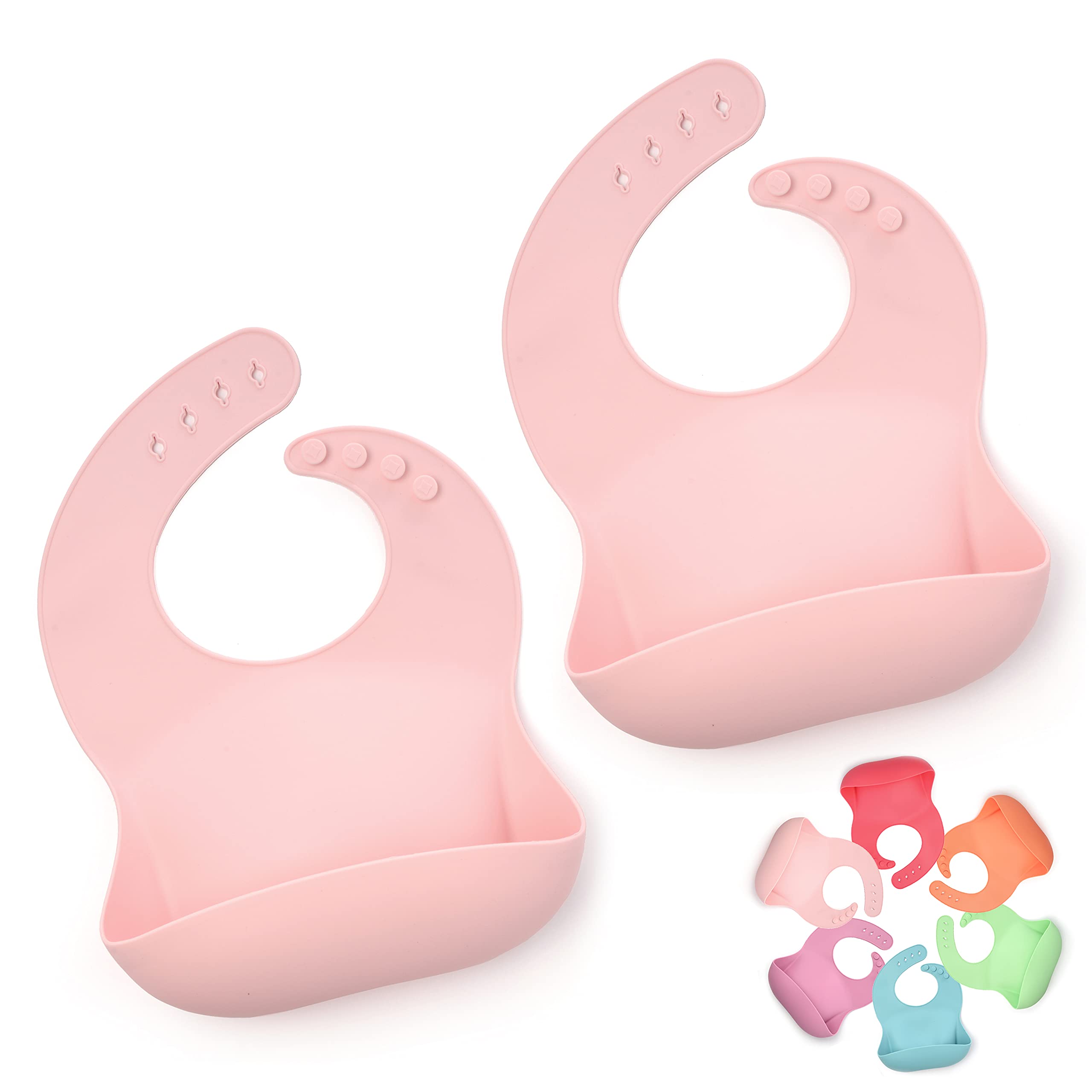 PrimaStella Silicone IncrediBIB | Adjustable Mess Free Feeding Bib with Extra Large Pocket for Babies and Toddlers | Safety d | BPA Free (Soft Pink)