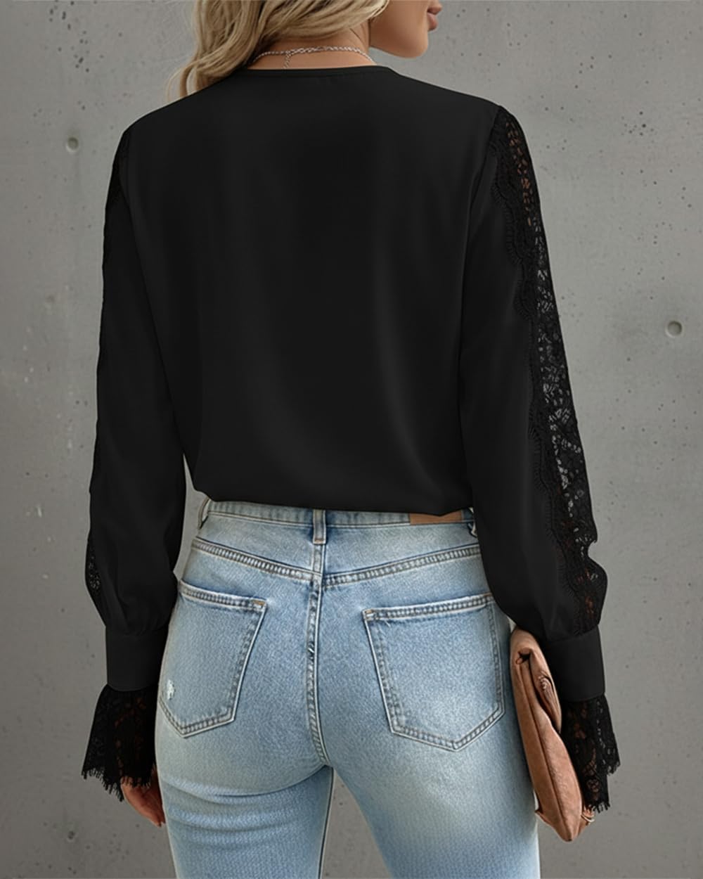 CHICME Women’s V Neck Button Down Shirt Long Sleeve Chic Blouse Top with Lace Patchwork Ruffle Detail - Image 6