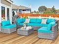 JAMFLY Wicker Patio Furniture 7 Pieces Conversation Sets, Outdoor Rattan Patio Sofa Porch Furniture Set with Washable Cushions and Glass Coffee Table (Light Blue)