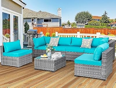 JAMFLY Wicker Patio Furniture 7 Pieces Conversation Sets, Outdoor Rattan Patio Sofa Porch Furniture Set with Washable Cushions and Glass Coffee Table (Light Blue)