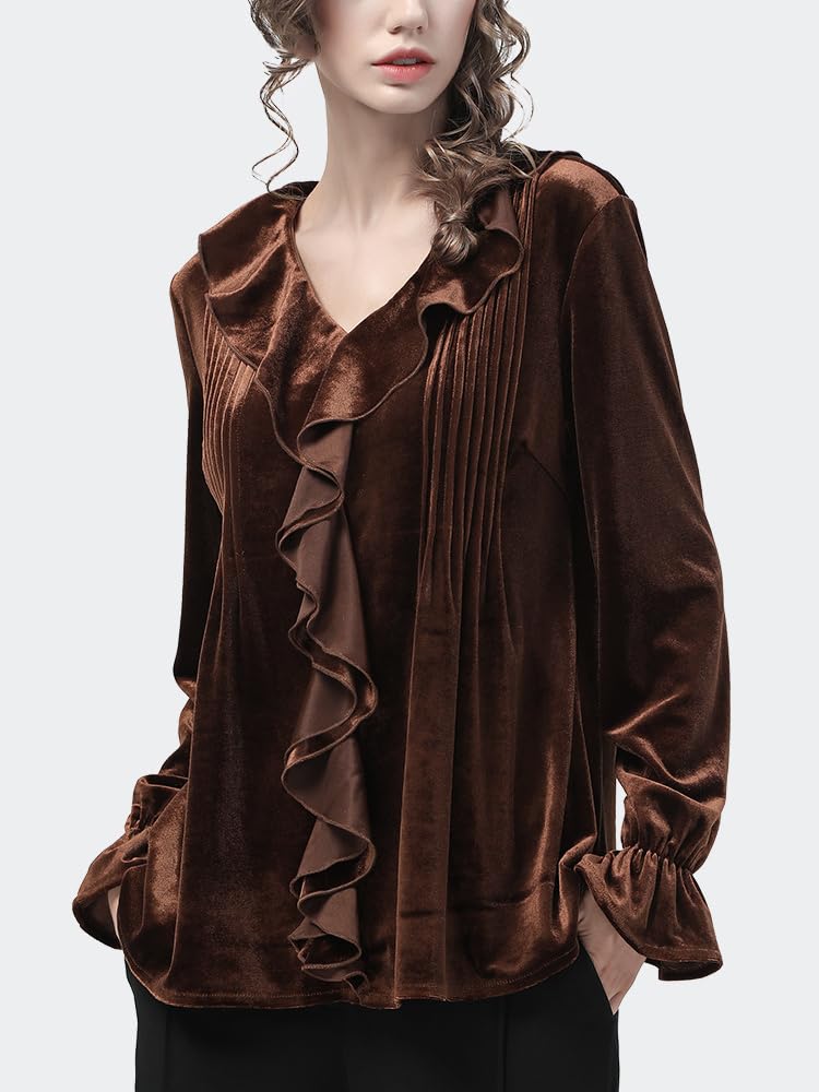Blusa de Terciopelo con Volantes y Cuello en V de Estilo francés para Mujer, Camisas holgadas Marrones para Mujer, Camisas Elegantes para otoño e Invierno, Top Elegante (marrón M)
