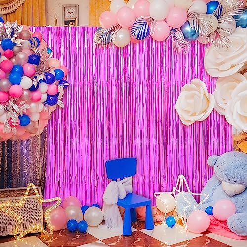 Image of Crosize 4 Pack 3.3 x 9.9 ft Hot Pink Foil Fringe Curtains Party Decorations,Tinsel Curtain Backdrop for Parties, Door Streamers, Glitter Streamer Backdrop for Birthday Decoration