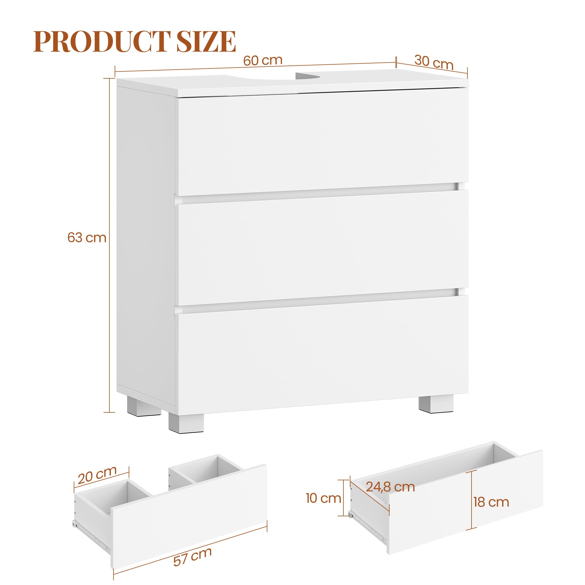 HEXCELEN Mueble Bajo Lavabo, Mueble Baño con 3 Cajones, Armario de Baño, con Patas Elevadas, para Lavabo Sin Reborde, Moderno, 30 x 60 x 63 cm, Blanco
