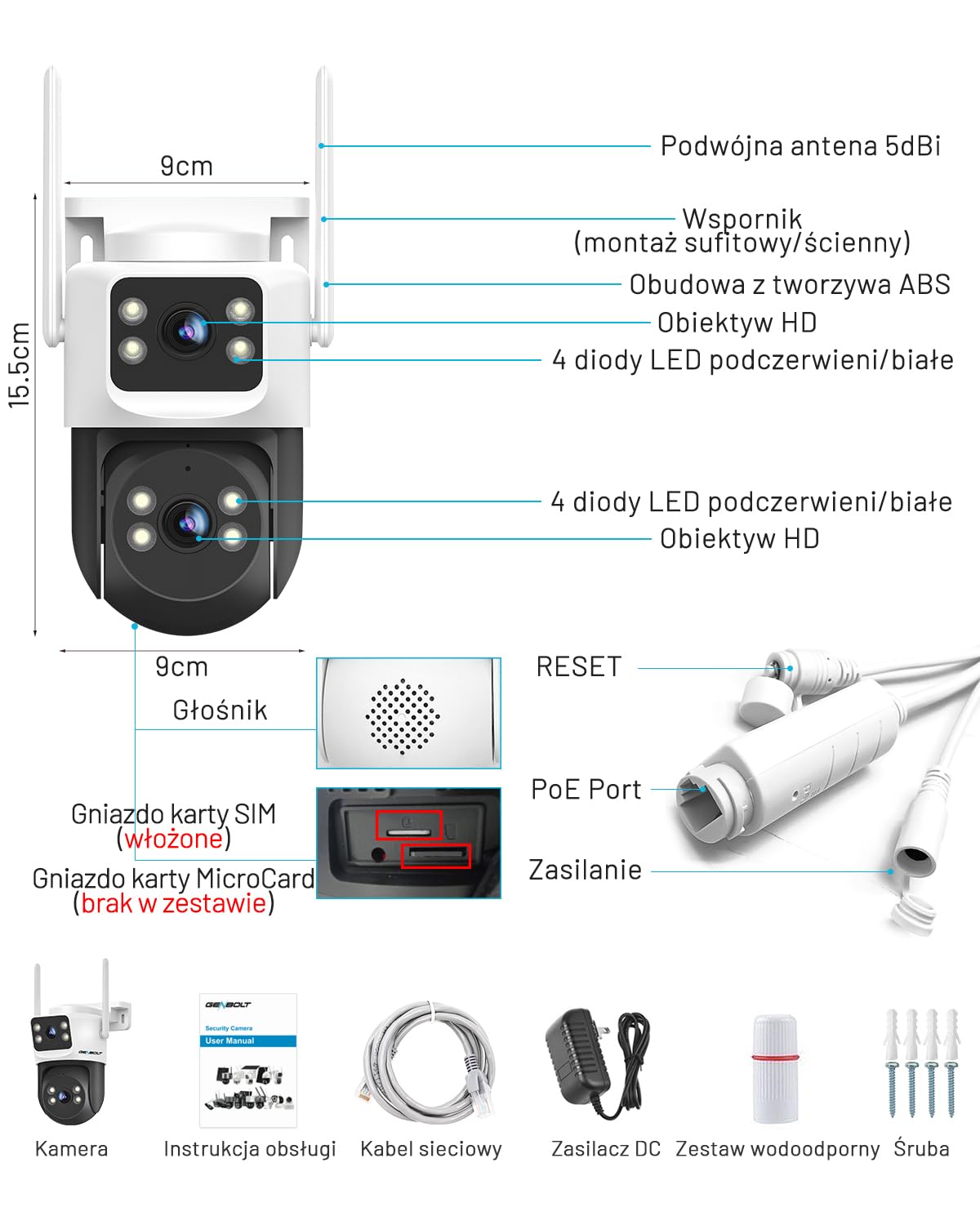 GENBOLT 4G LTE Zewnętrzna Kamera bez WiFi, Dwuobiektywowa Komórkowa Kamera Bezpieczeństwa CCTV z Kartą SIM, Nagrywanie 24/7 IP Kamera Monitorująca PoE ze śledzenie Humanoidów Dwuobiektywowa