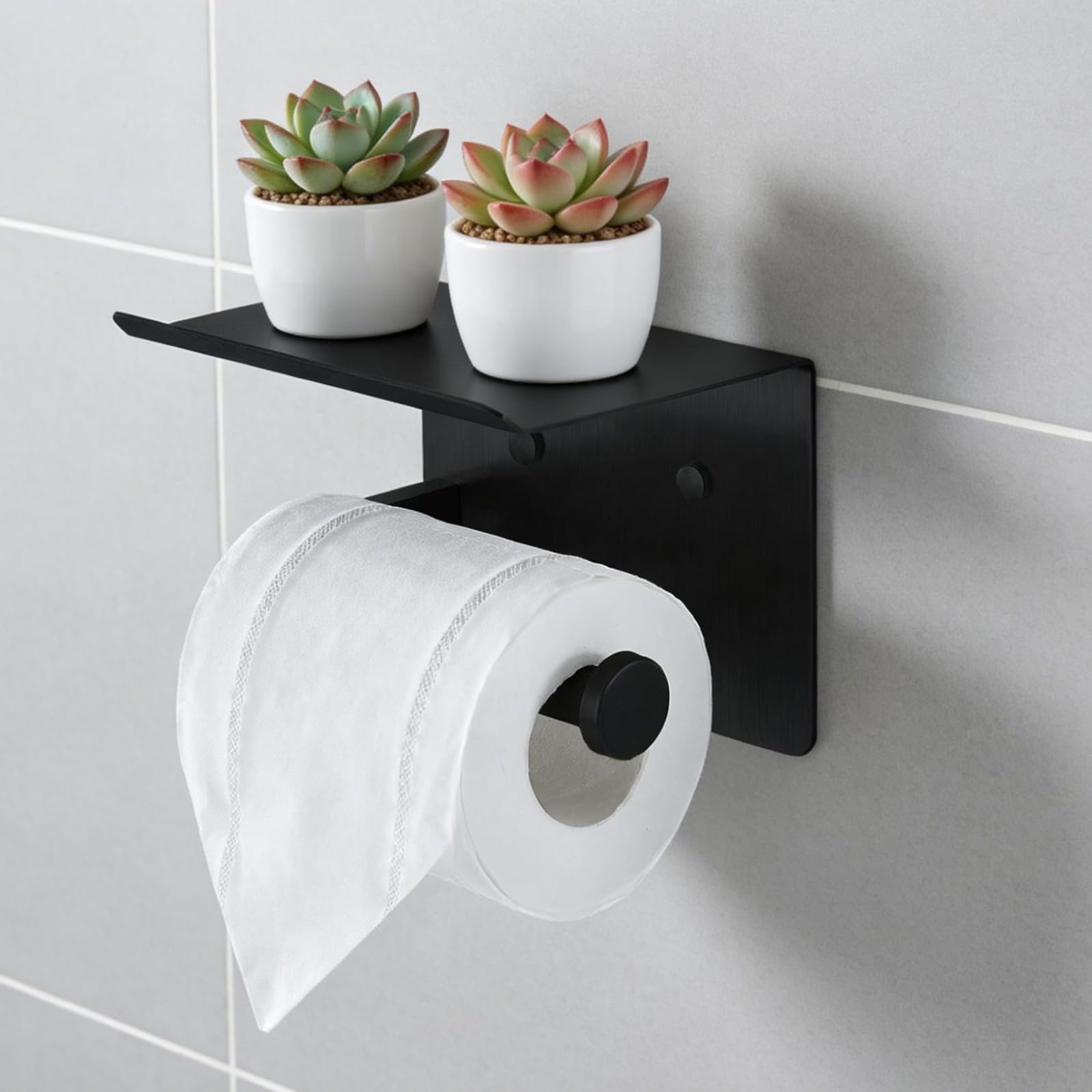 DIYZON Toilet Paper Holder with Shelf, Heavy-Duty Stainless Steel Bathroom Hardware, Self-Adhesive No-Drill/Drill-Mount Wall-Mounted Roll Holder, Rust-Proof Bathroom Tissue Rack (Black)