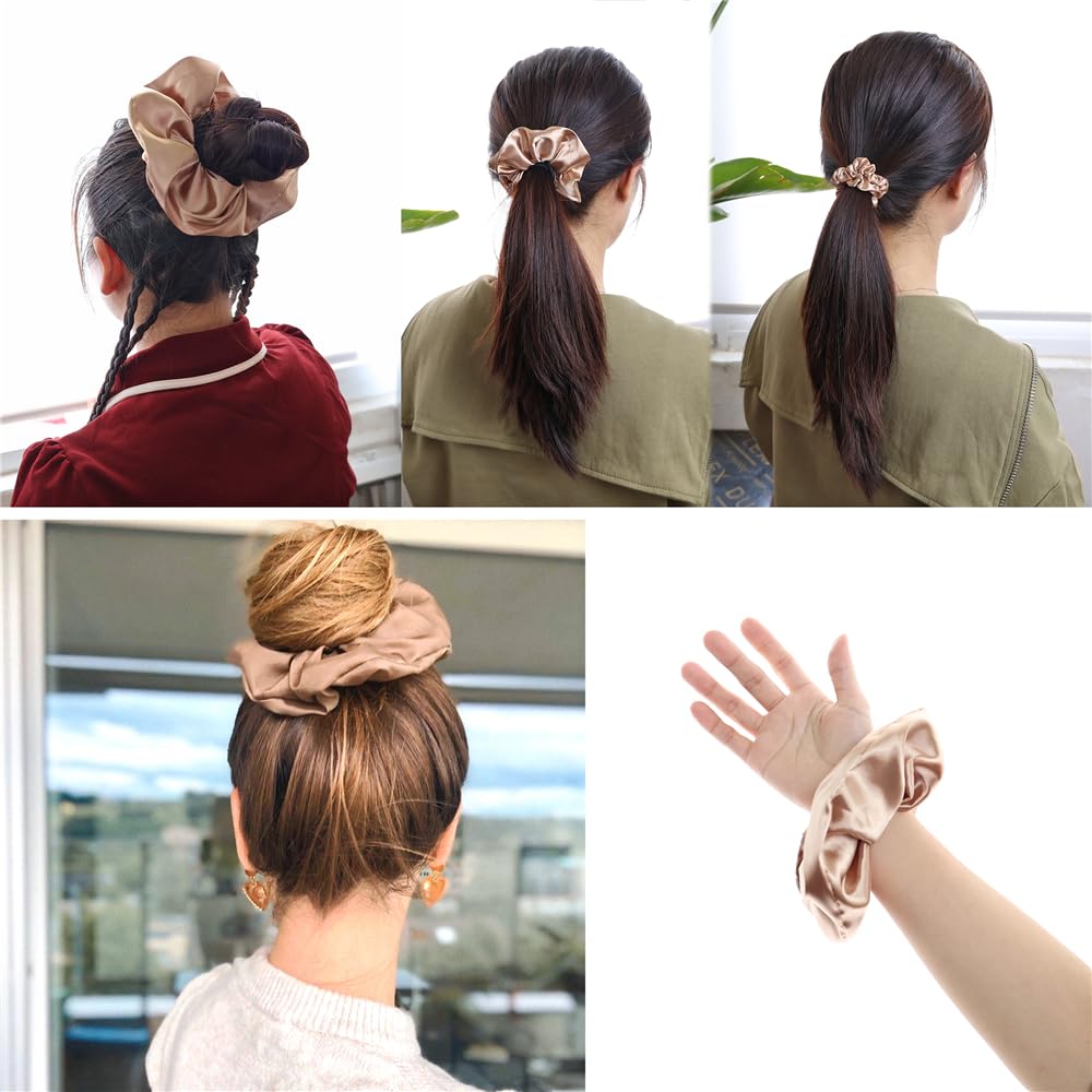 Pack of 12 Premium Satin Silk Scrunchies Hair Ties for All Hair Type Women Girls Ponytail Holder Elastic Hair Bands Scrunchy Accessories (Mix 3 Sizes Natural) - Image 3