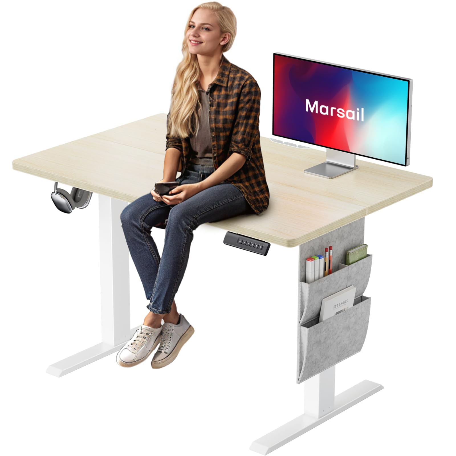 Marsail 電動スタンディングデスク 40x24インチ 高さ調節可能 ホームオフィス ゲームデスク メモリープリセット付き 収納バッグ コンピュータワークステーション用スタンドアップデスク